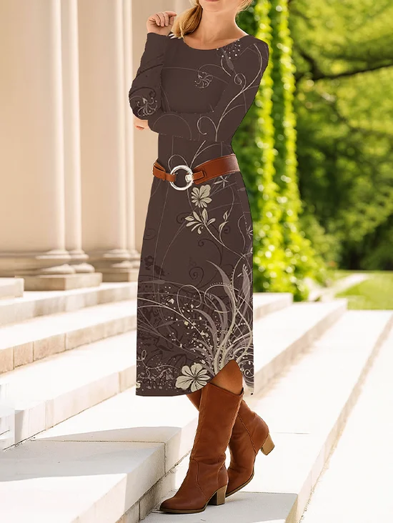 Women Floral Spring/Fall Dress Crew Neck Long Sleeve T-Shirt Dress A-Line Dress