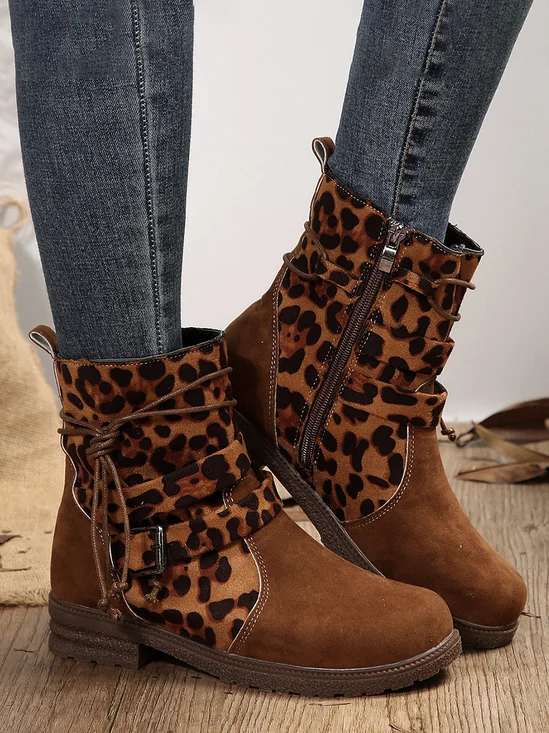 Vintage Color Block Zipper Low Heel Straight Boots