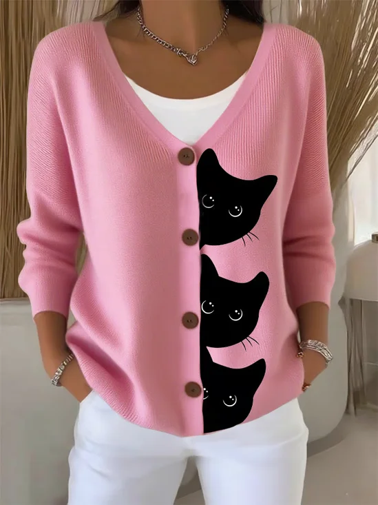 Women Cat Long Sleeve Comfy Casual Cardigan
