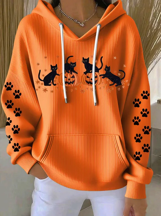 Casual Halloween Cat Pumpkin Art Print Hoodie Comfy Hoodie