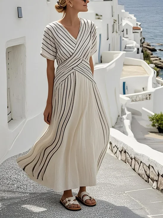 Women Striped Summer Split Joint Dress V Neck Short Sleeve T-Shirt Dress A-Line Dress