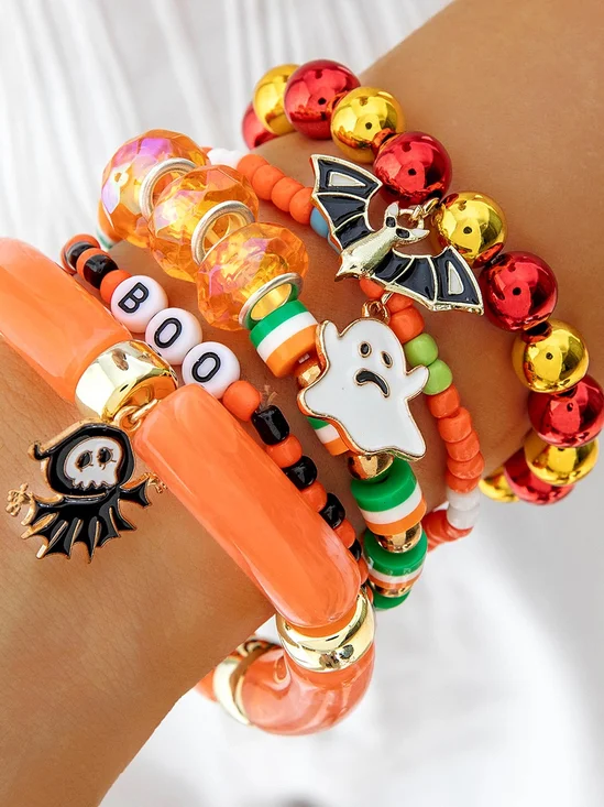 Halloween Funny Skull Rice Bead Bracelet Set Personality Devil Eye Glaze Bat Multi-layer Bracelet