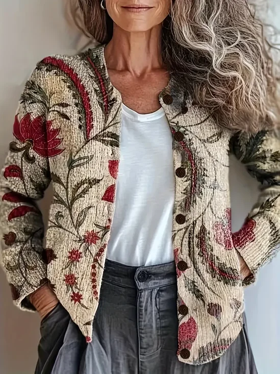 Women Floral Long Sleeve Comfy Vintage Printing Cardigan