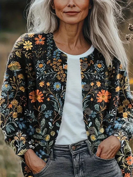 Women Floral Long Sleeve Comfy Vintage Printing Cardigan