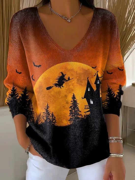 Casual Halloween V Neck Long Sleeve T-shirt