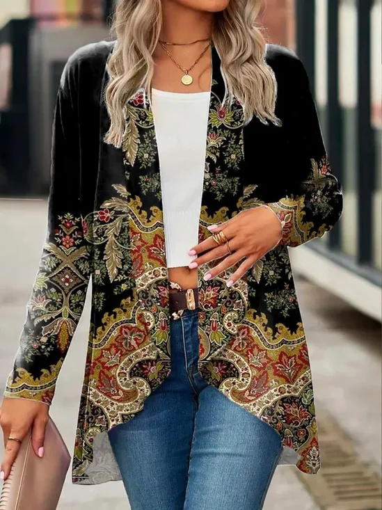 Women Spring/Fall Outerwear Casual Printing Floral Long Sleeve Jacket