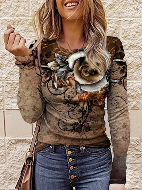 Casual Floral Crew Neck Long Sleeve T-shirt