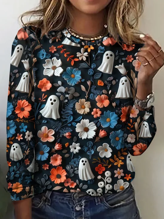 Vintage 3D Printing Crew Neck Long Sleeve T-shirt