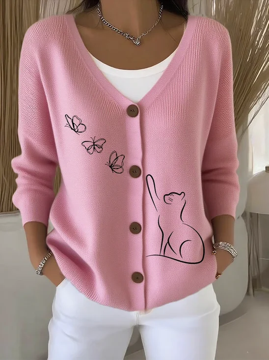 Women Cotton Animal Long Sleeve Comfy Casual Cardigan