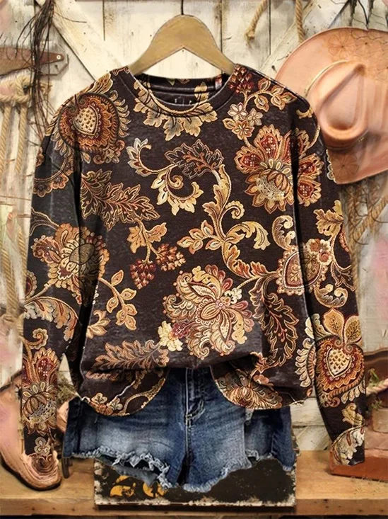 Casual Crew Neck Floral Sweatshirt Printing