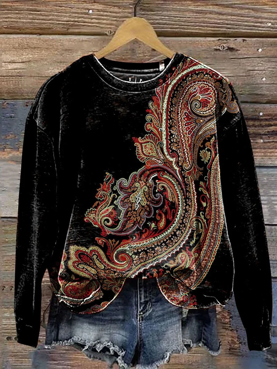 Casual Crew Neck Ethnic Sweatshirt Printing