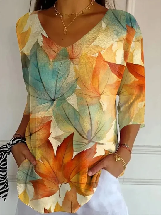 Vintage Gradient Pattern V Neck Three Quarter Sleeve T-shirt