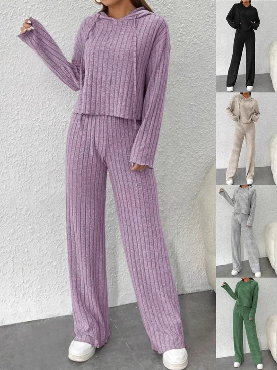 Women Plain Embossed Two-Piece Set Daily Long Sleeve Casual Spring/Fall Top With Pants Matching Set