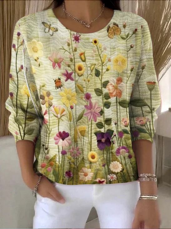 Women Cotton Floral Long Sleeve Comfy Vintage Sweater