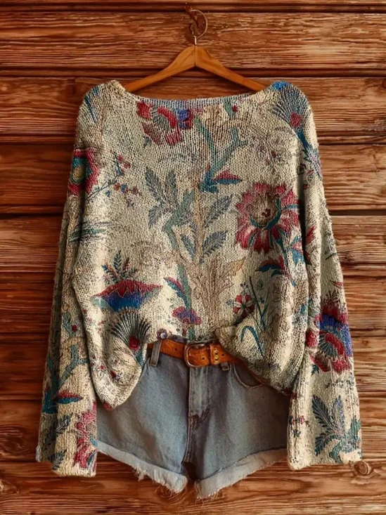 Women Floral Long Sleeve Comfy Vintage Sweater