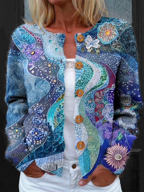 Women Knitted Floral Long Sleeve Comfy Vintage Cardigan