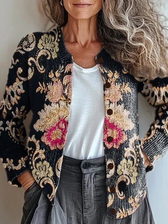 Women Floral Long Sleeve Comfy Vintage Printing Cardigan