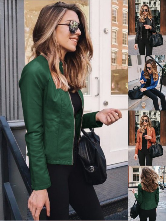 Women Spring/Fall Outerwear Vintage Split Joint Plain Long Sleeve Stand Collar Jacket