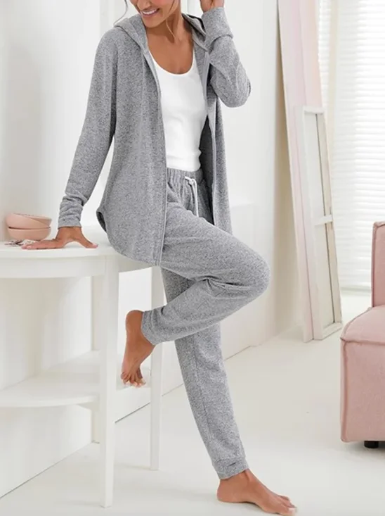 Women Plain Drawstring Two-Piece Set Daily Long Sleeve Casual Spring/Fall Coat With Pants Matching Set