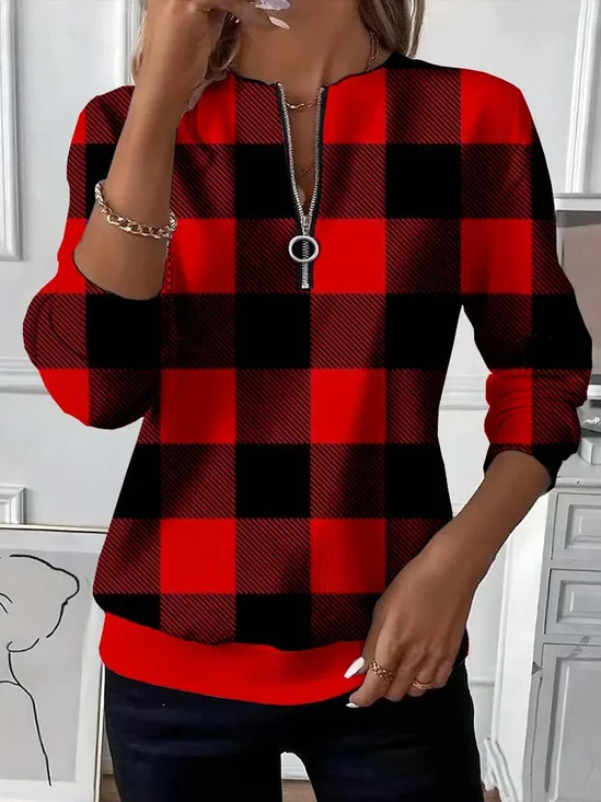Casual Crew Neck Plaid Sweatshirt Printing