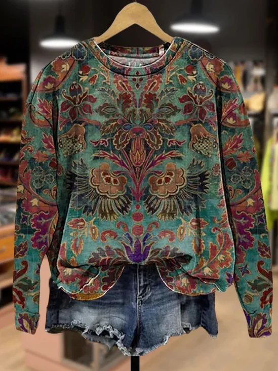 Casual Crew Neck Floral Sweatshirt Printing