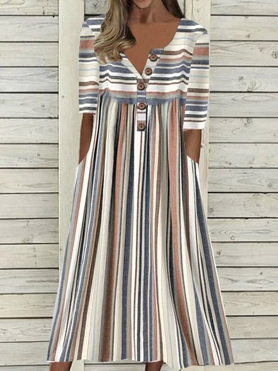 Women Striped Half Open Collar Half Sleeve Comfy Casual Printing Maxi Dress