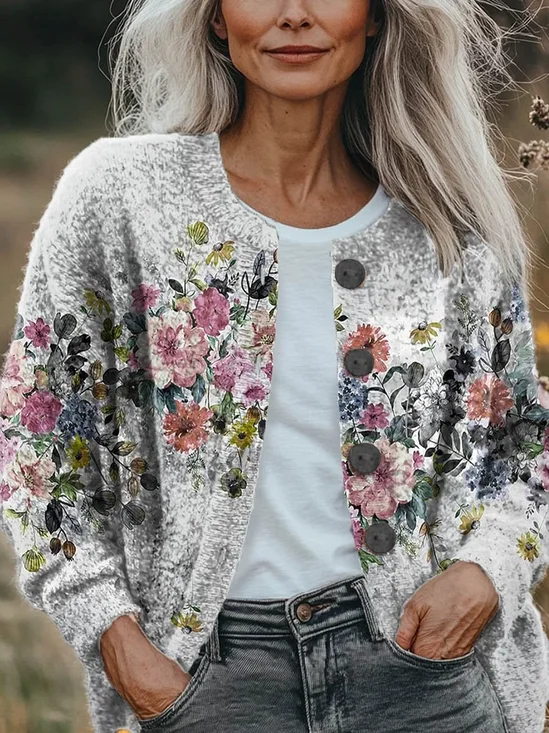 Women Floral Long Sleeve Comfy Vintage Printing Cardigan