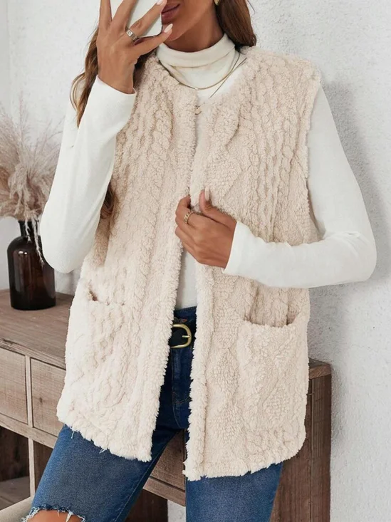 Embossed Street Plain Regular Fit Double-sided Collarless Plush Pocket Casual Cardigan Vest
