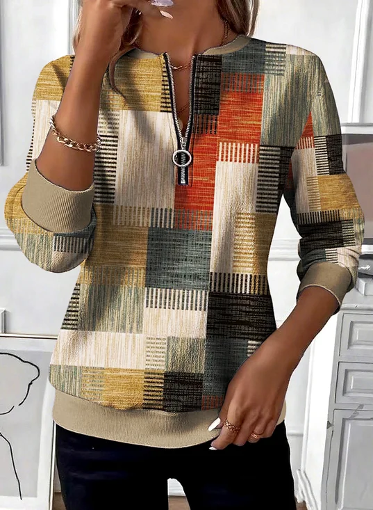 Casual Stand Collar Geometric Sweatshirt