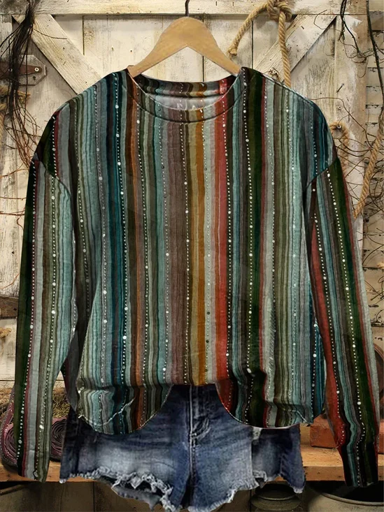 Casual Crew Neck Striped Sweatshirt Printing