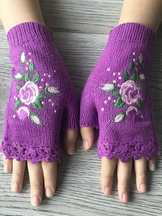 Knitted Boho Floral Autumn And Winter Ins Embroidered Women's Warm Gloves Bee Flower Adult Knitted Gloves Embroidered Wool Gloves