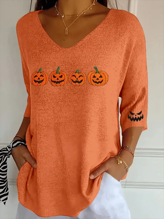 Casual Halloween (pumpkin) V Neck Three Quarter Sleeve T-shirt