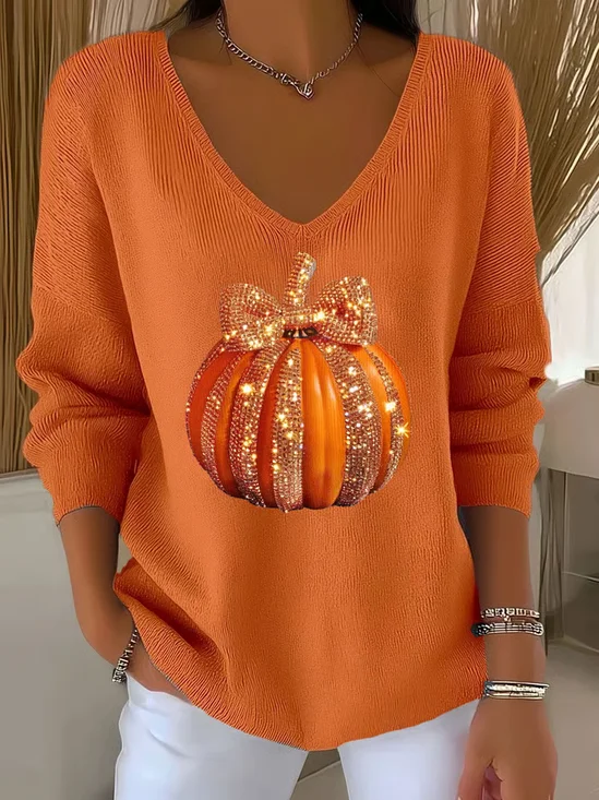 Casual Halloween (pumpkin) V Neck Long Sleeve T-shirt