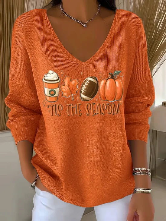Casual Text Letters V Neck Long Sleeve T-shirt