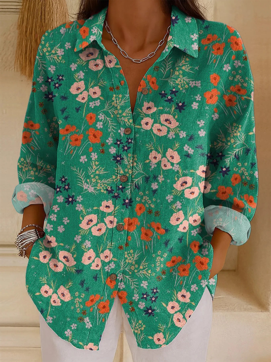 Shirt Collar Long Sleeve Floral Regular Loose Shirt For Women