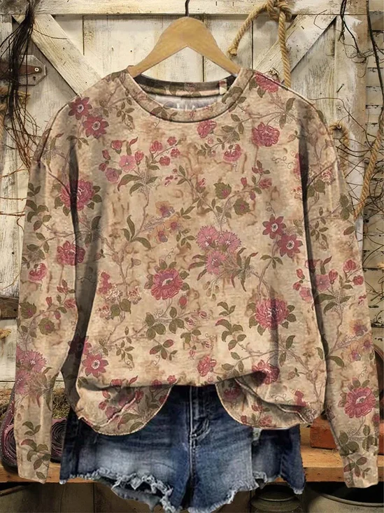 Casual Crew Neck Floral Sweatshirt Printing