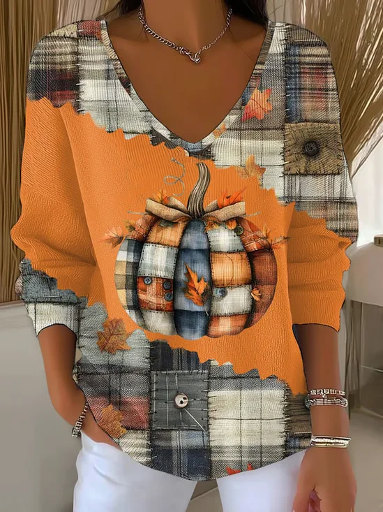 Casual Halloween (pumpkin) V Neck Long Sleeve T-shirt