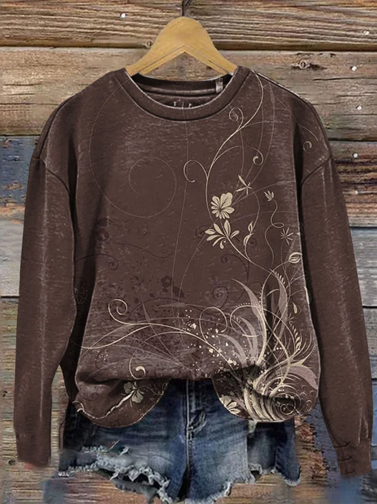 Casual Crew Neck Floral Sweatshirt Printing