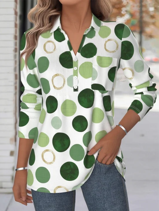 Shirt Collar Long Sleeve Geometric Regular Loose Shirt For Women