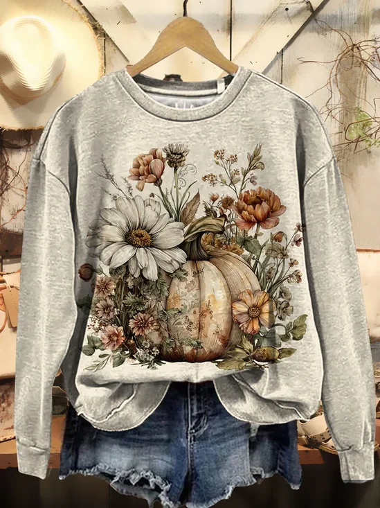 Casual Crew Neck Floral Sweatshirt Printing