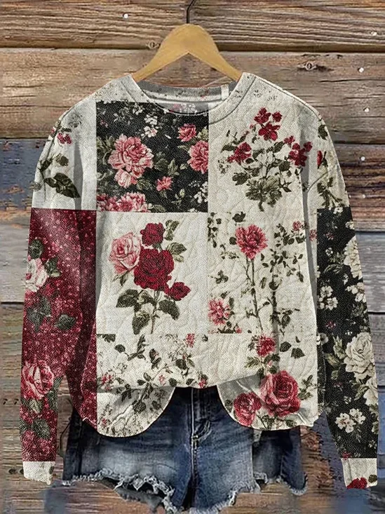 Casual Crew Neck Floral Sweatshirt Printing