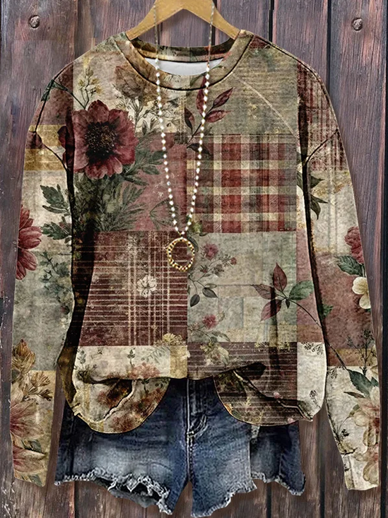 Casual Crew Neck Floral Sweatshirt Printing