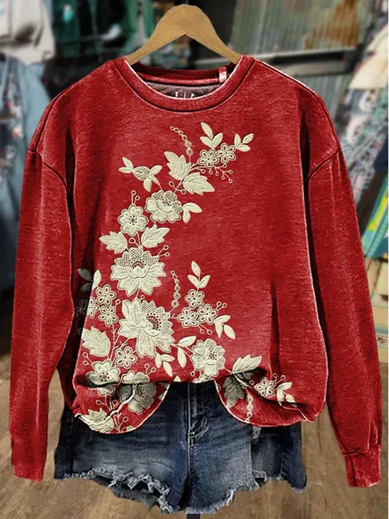 Casual Crew Neck Floral Sweatshirt Printing
