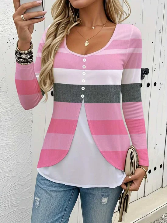 Casual Striped V Neck Long Sleeve T-shirt