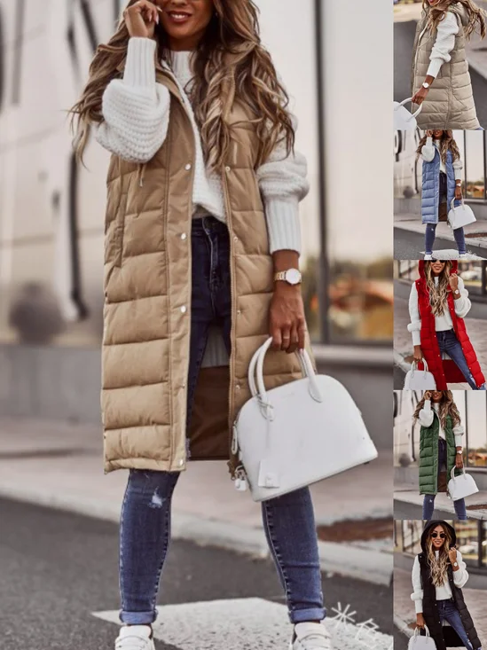 Zipper Plain Elegant Cotton Coat Solid Color Hooded Single-breasted Mid-length Cotton Vest Slim Fit Temperament Cardigan Jacket Top