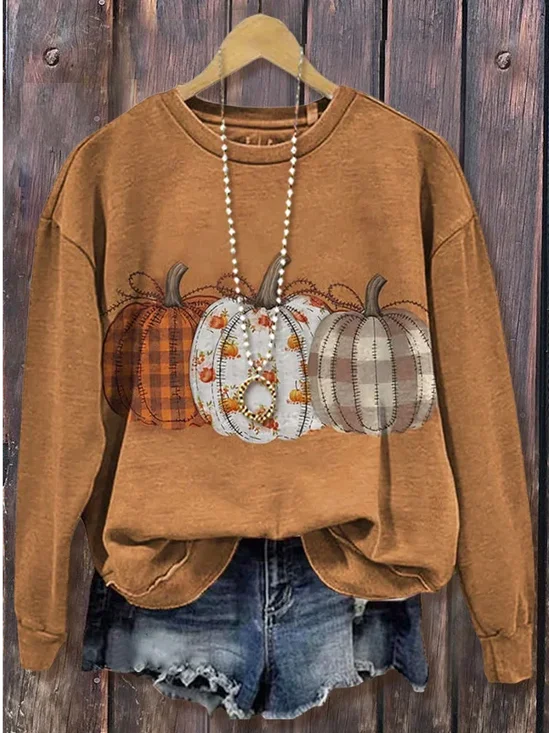 Casual Crew Neck Halloween (pumpkin) Sweatshirt Printing