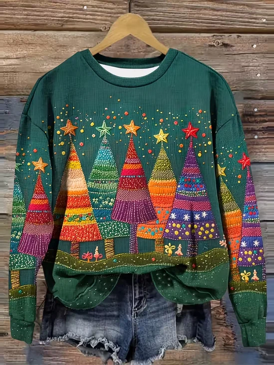 Casual Crew Neck Christmas Sweatshirt Printing