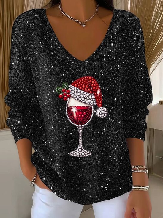 Women's Wine Glass Christmas Hat Print V-Neck Sweater