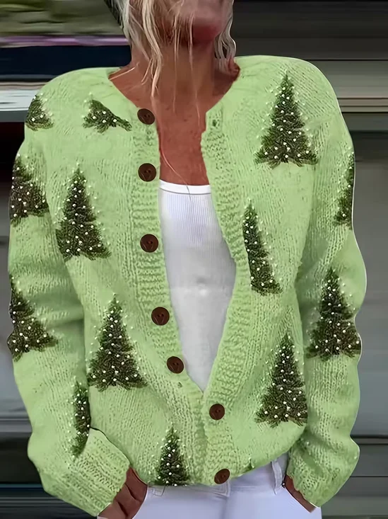 Women Christmas Long Sleeve Comfy Vintage Printing Cardigan