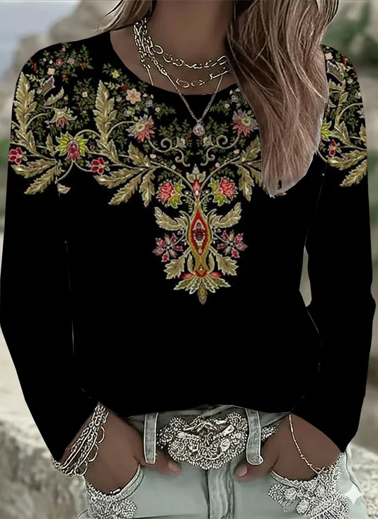 Casual Floral Crew Neck Long Sleeve T-shirt